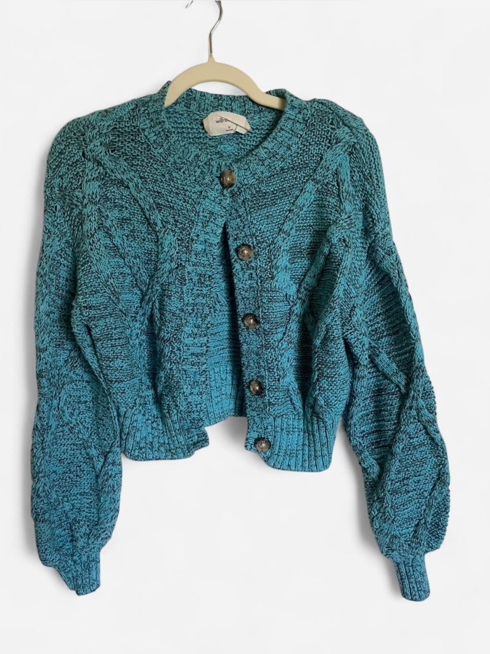 Aritzia Wilfred Free Lukin Cable Knit Cropped Cardigan Teal Black Marl XS